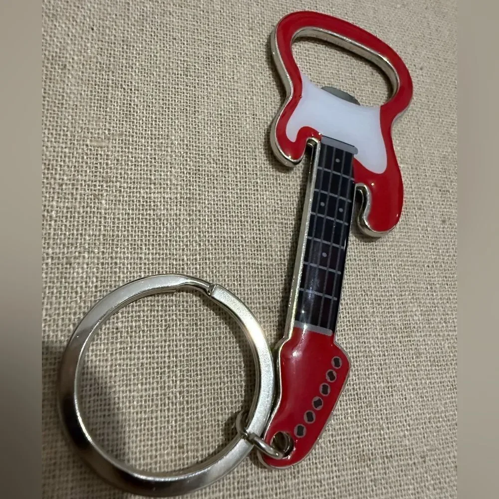Guitar Bottle Opener Keychain Red & White – Rockin’ Accessory for Music Lovers